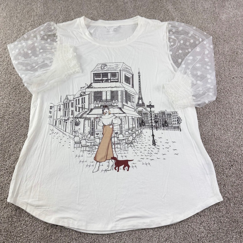 Love&Lace Paris Graphic Top Women XL Polka Dot Mesh Sleeve Casual Chic Coquette - Picture 9 of 10